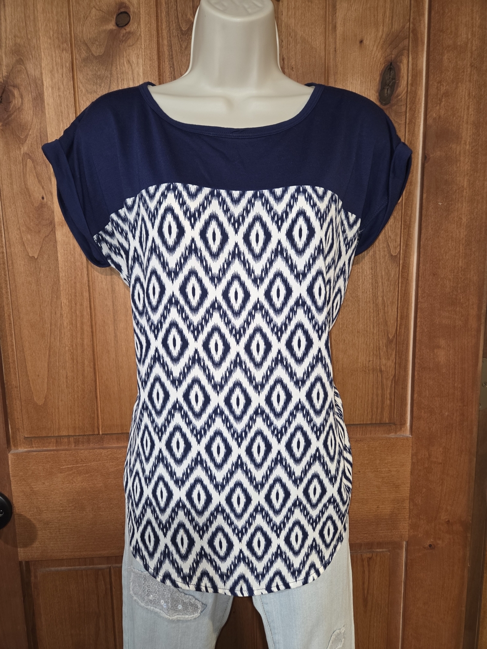 Rewind Navy and White‎ Geometric Short Sleeve Blouse
